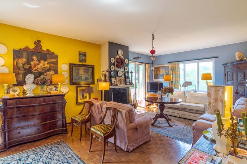 Living room with fireplace, yellow and blue walls, a TV, multiple paintings and frames, a carpet, a desk, a couch, and chairs