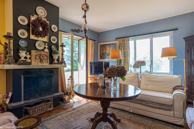 blue walls, fireplace, couch, armchair, round table, lamps, TV, decorations, rug