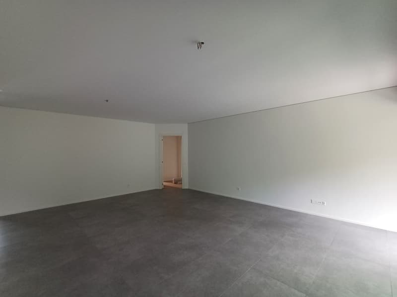 Large empty room with gray concrete flooring, white walls, and a doorway leading to another room.