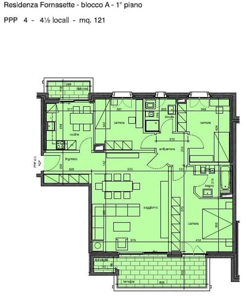 The floor plan shows a 1-bedroom apartment with a living room, kitchen, bathroom, and a balcony. The apartment has an area of approximately 121 square meters.