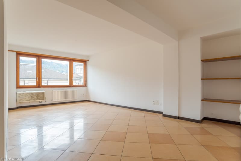 Large windows with outside view, wooden flooring, white walls, shelves, white radiators
