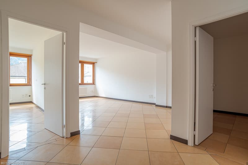 large open room, white walls, beige tiles, wooden doors, two windows, no furniture