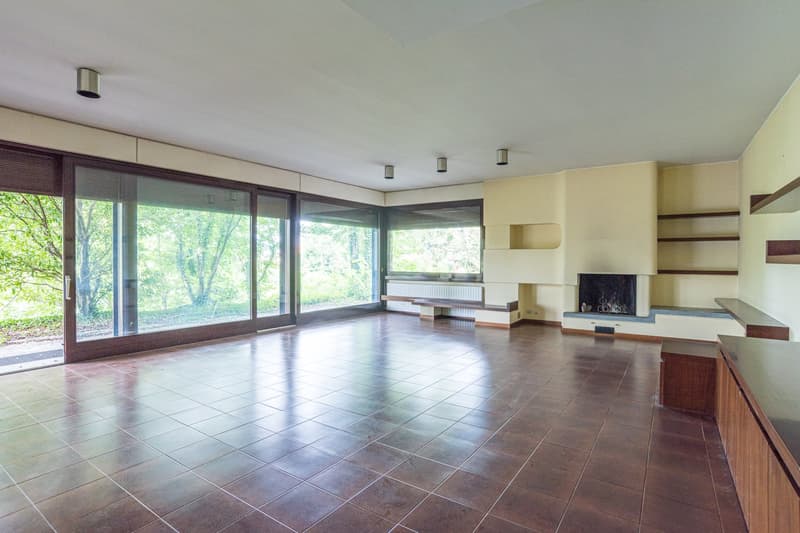tiled floor, large windows, fireplace, wooden bench, wooden ceiling design, shelves