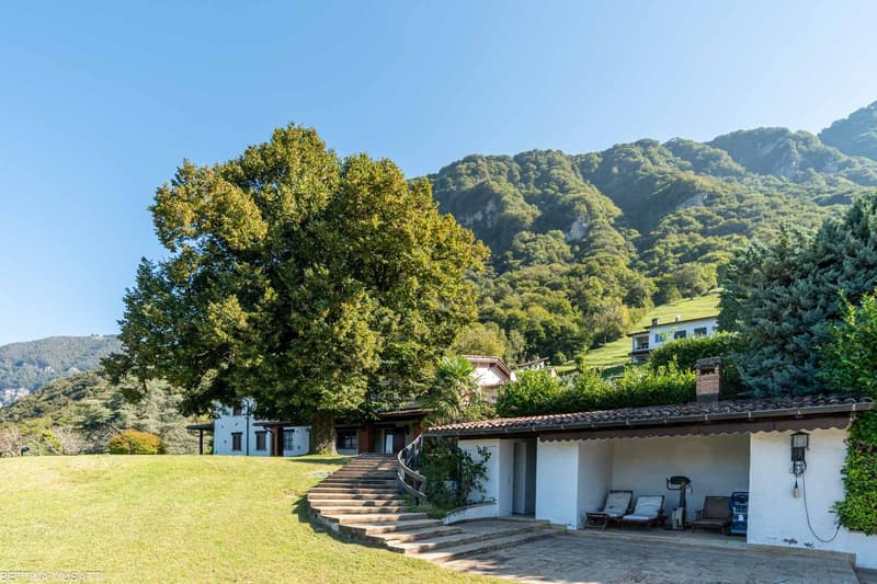 detached house with staircase, garage, open green area, mountains in the background