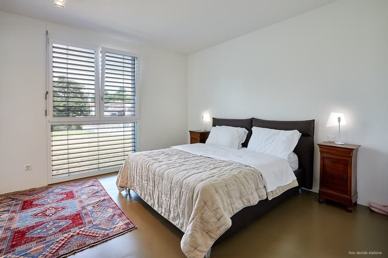 Spacious bedroom with large windows, hardwood floors, a king-size bed with a beige comforter, and a colorful patterned rug on the floor. The room has a modern and minimalist design with wooden nightstands on either side of the bed.