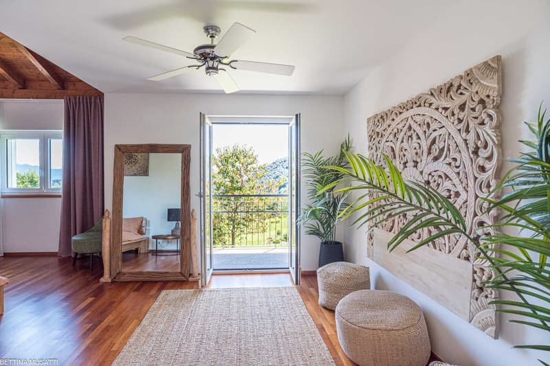 Spacious living room with hardwood floors, white walls, large windows overlooking a balcony, a ceiling fan, a large decorative wall panel, and various potted plants and furniture pieces including a wooden framed mirror, a sofa, and poufs.