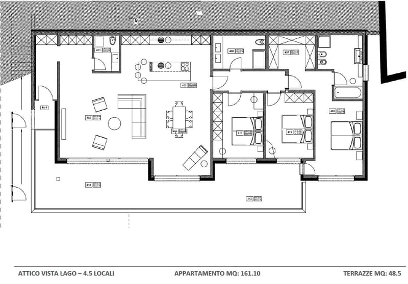 A small apartment with a kitchen, two bedrooms, a bathroom, and a terrace