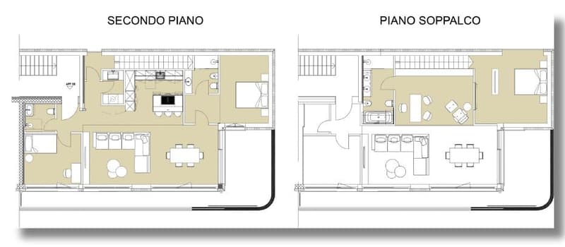 The image shows two floor plans labeled 'SECONDO PIANO' and 'PIANO SOPPALCO'. The 'SECONDO PIANO' plan has a living room, kitchen, two bedrooms, and two bathrooms. The 'PIANO SOPPALCO' plan has a larger open-concept living, dining, and kitchen area, as we
