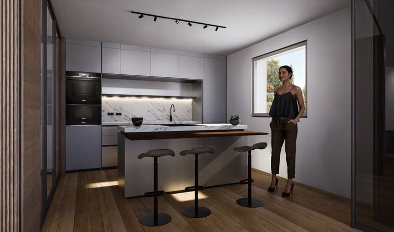 Modern kitchen with gray cabinets, marble backsplash, wooden countertop, and bar stools. Large window providing natural light.