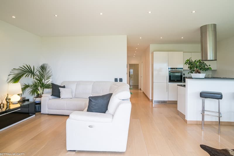 The image shows an open concept living room and kitchen area. The living room features a large white sofa with gray accent pillows, and a black entertainment unit. The kitchen has white cabinets, stainless steel appliances including a dishwasher, and a br