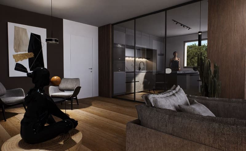 modern living room with wooden floor, glass wall, modern furniture, black statue, modern art painting, modern kitchen