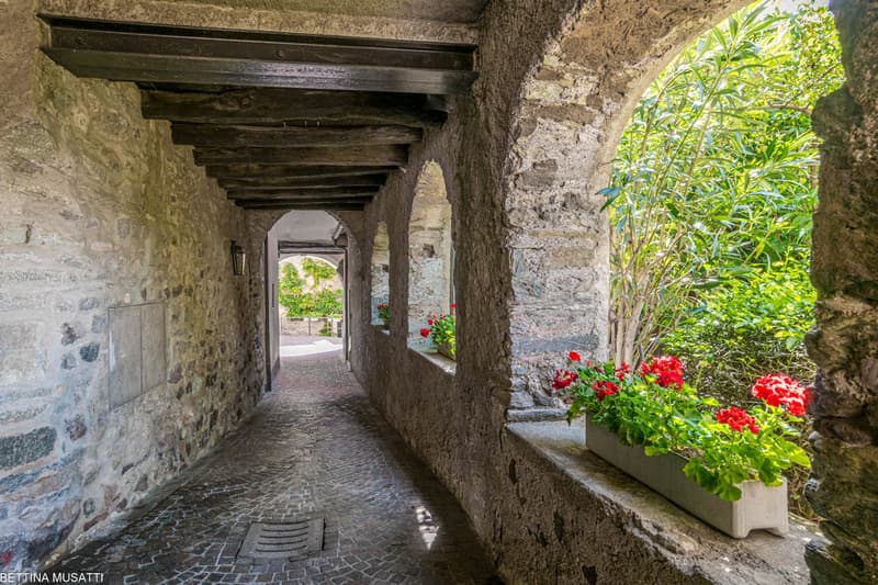 Covered stone walkway with wooden beams, leading to an outdoor area with lush greenery and red flowers in planters.