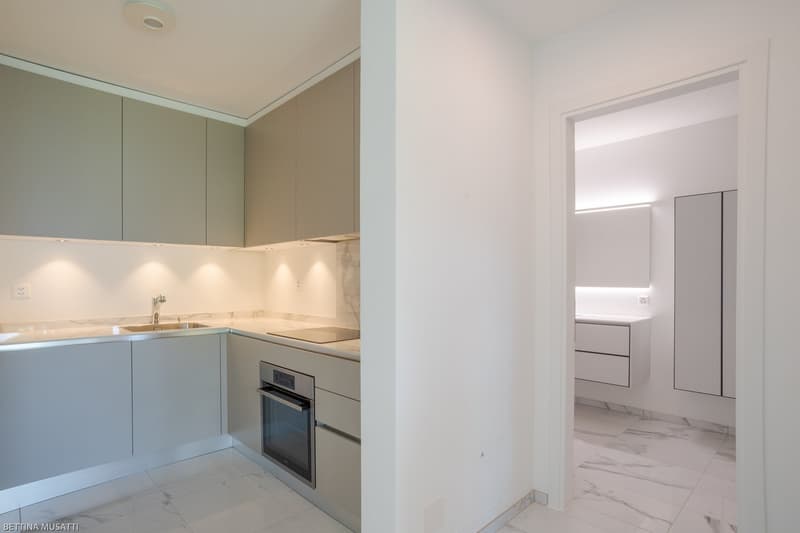 Modern kitchen with light gray cabinets, white marble countertops, built-in oven, and dishwasher