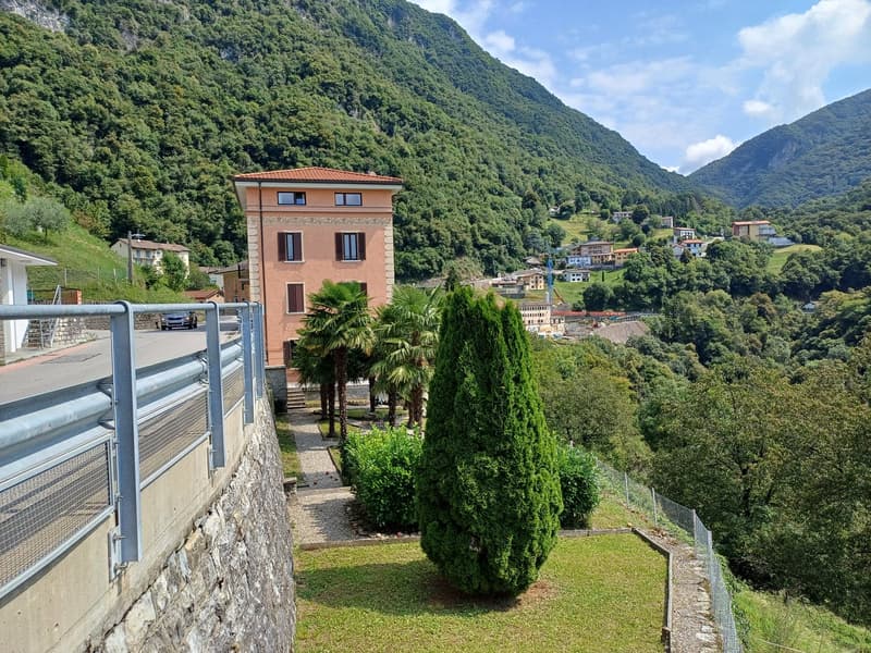 House built into hillside, pink building, concrete retaining wall with railing, driveway and parking in front, manicured lawn, decorative palm trees, distant view of town on hillside.