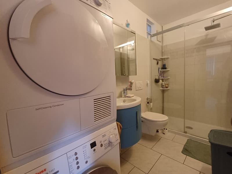 modern bathroom, white and blue cabinets, glass shower, toilet, sink, washing machine