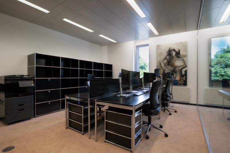 an office with desks, chairs, a cabinet, a window, and a painting
