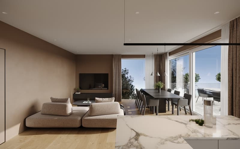large living room, corner sofa, coffee table, dining table, dining chairs, tv stand, tv, large windows