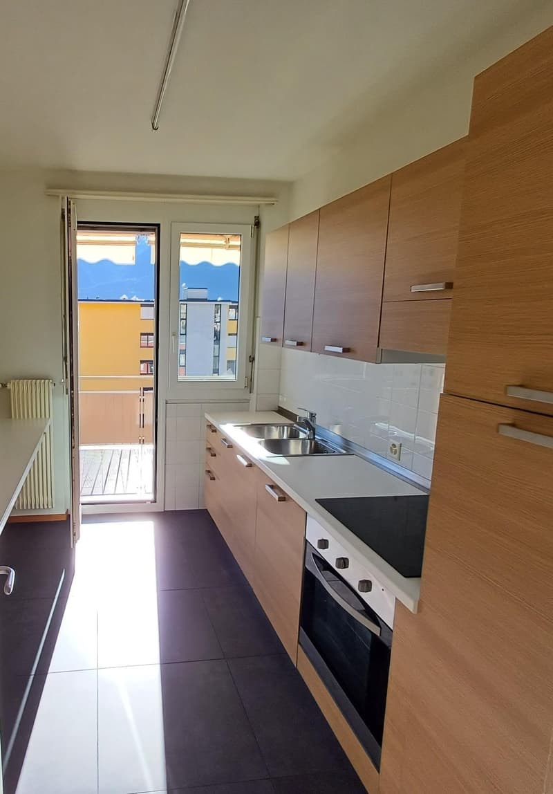 modern kitchen, wooden cabinets, double sink, oven, microwave, balcony, windows
