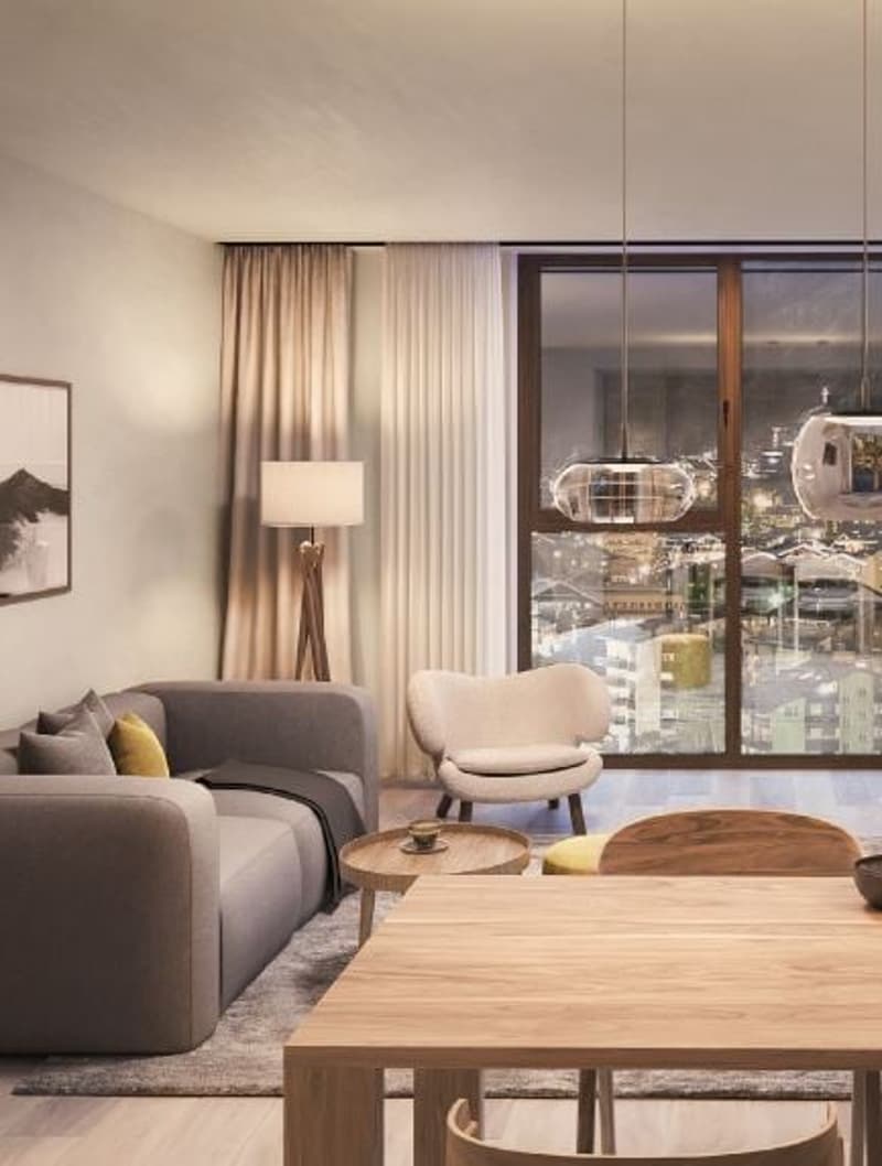 large windows, open floor layout, modern design, living room sofa, center table, floor lamp