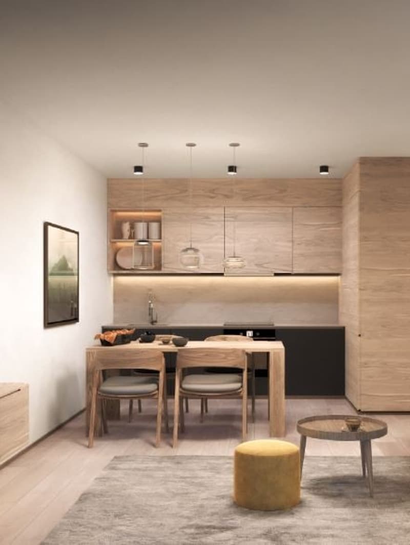 modern interior design with a dining area and a kitchen section, a large dining table with chairs, modern open cabinets, a countertop with a sink, a gray carpet, a picture on the wall