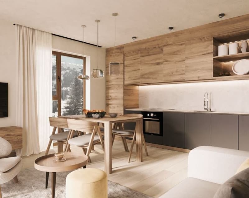 A modern kitchen and living area featuring wooden panels, a large dining table, a comfortable sofa, a TV, a small round table, a coffee cup, and a bowl, all set on a large gray rug.