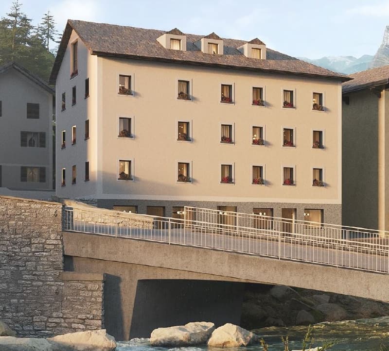 4 story building, modern design, windows with plants, bridge over river