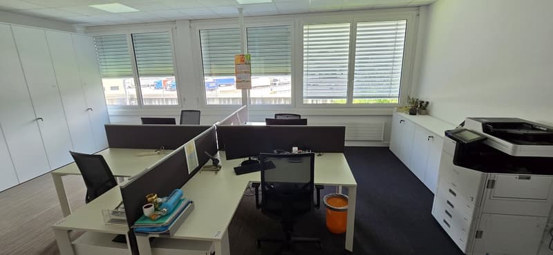 Office with desk, computer, monitor, printer, trash can, cup, plants, and whiteboards.