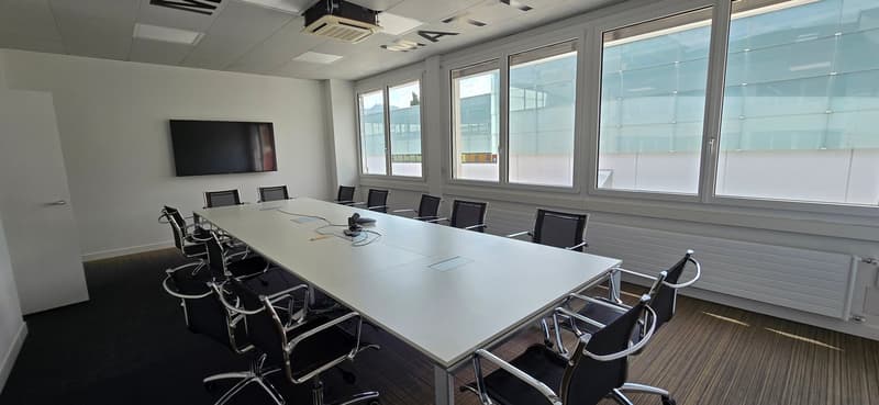 Conference room with a long table, multiple chairs, a mounted television, and large windows