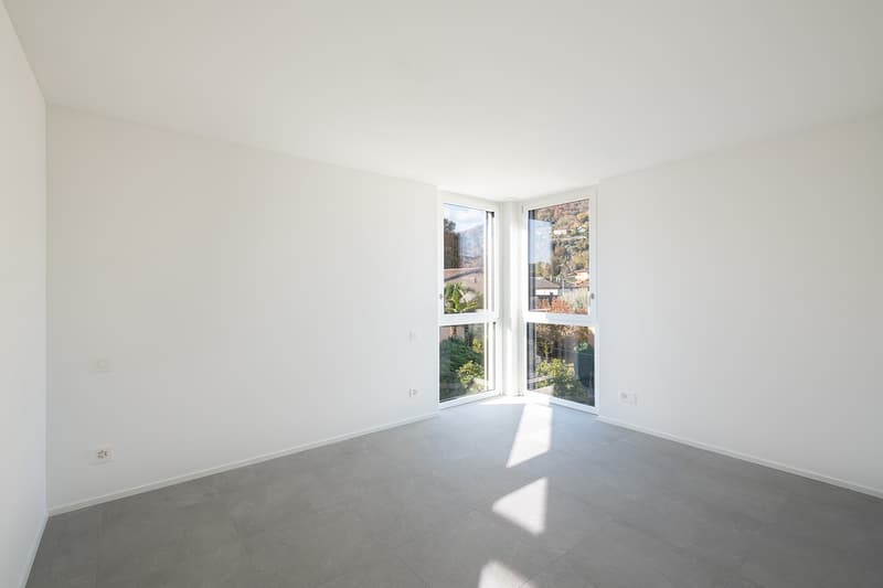 empty room, white walls, gray floor, large windows, view of mountains