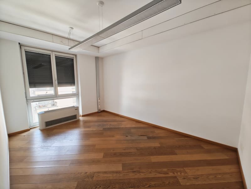 Hardwood floors, white walls, glass windows with blinds, ceiling with a linear light fixture, floor-to-ceiling window with an outdoor view.