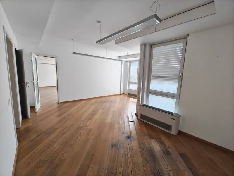 An empty room with wooden floors, white walls, two hanging lights, and two glass doors. There is a radiator on the wall with blinds on the window.
