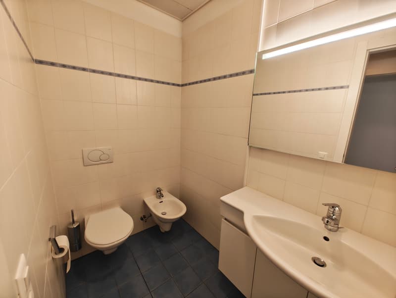 White tiles, blue tiles on the floor, white sink, mirror, toilet, bidet, and toilet paper roll on the wall.