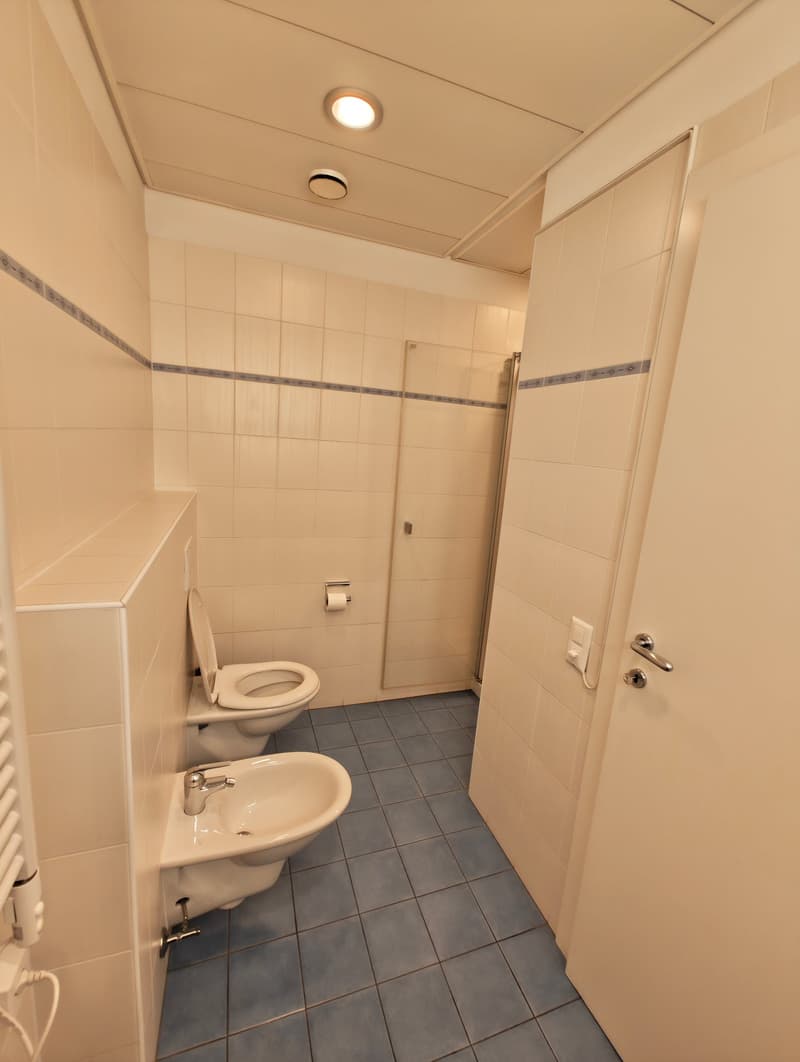 White tiled walls and floor, white toilet and bidet, glass shower enclosure, toilet paper holder, silver faucet, door with silver handle, ceiling light