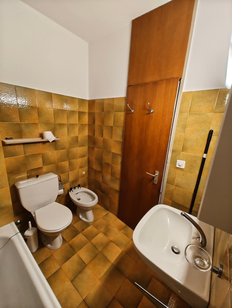 Bathroom with white toilet, bidet, bathtub, sink, and brown tiled walls