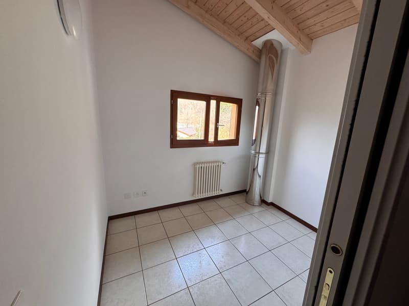 empty room, white tiles, white walls, window, white radiator, wooden ceiling