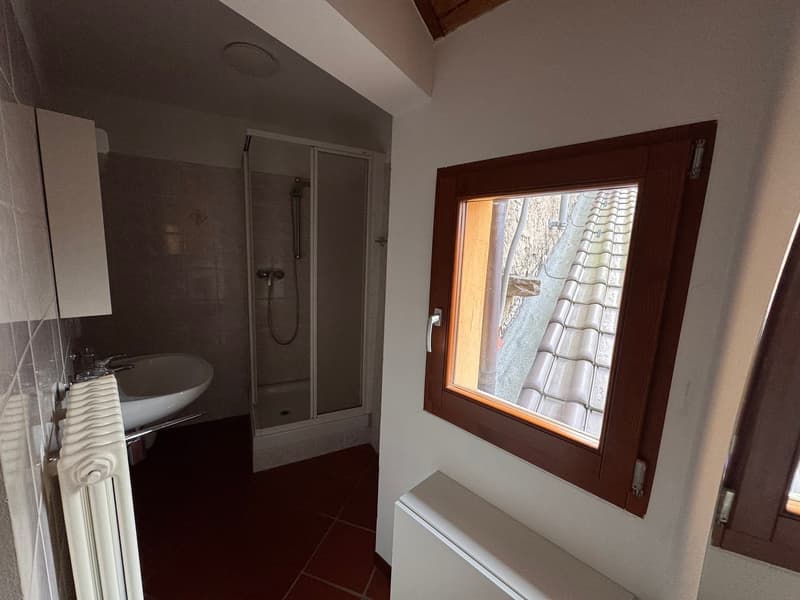 Small bathroom with a sink, shower, and a window