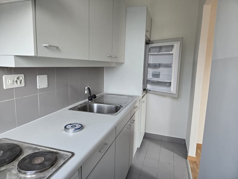 kitchen with sink, fridge, stove and cabinets