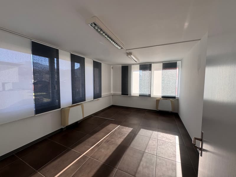 white walls, dark brown tiles, ceiling with built-in lights, 3 windows with white blinds, small black frames