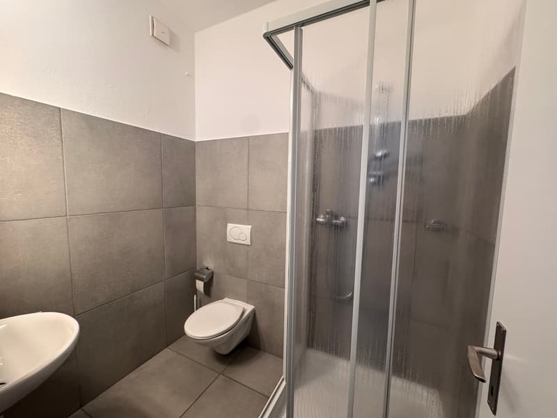modern bathroom with shower, toilet, sink, and tiled walls