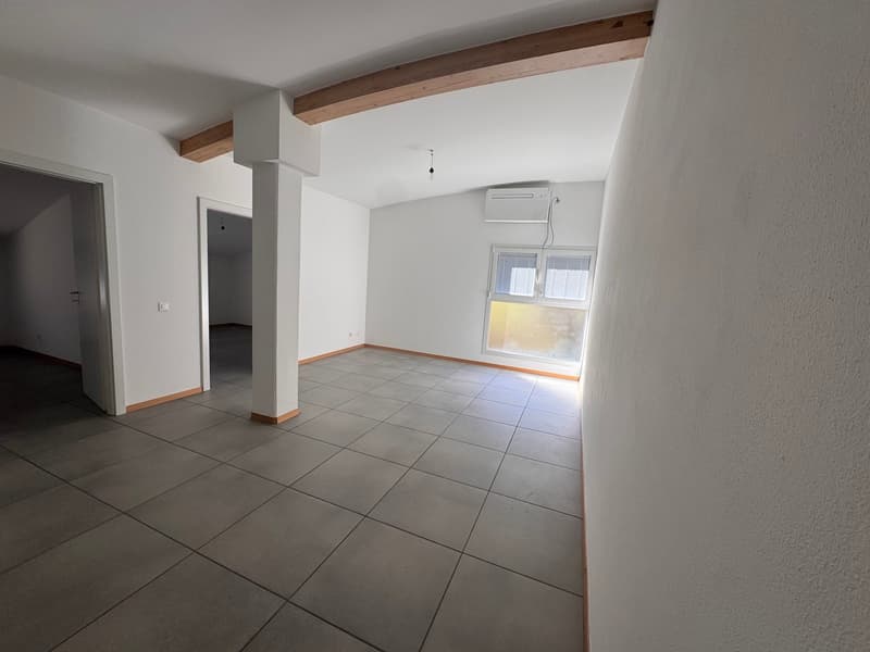 empty room, white walls, tiled floor, window, air conditioning unit