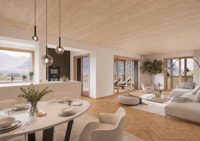 Wohnzimmer Haus 1 Variante offene Küche und Holzdecke
