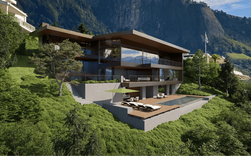 modern house, multiple levels, large windows, swimming pool, balcony, mountain view