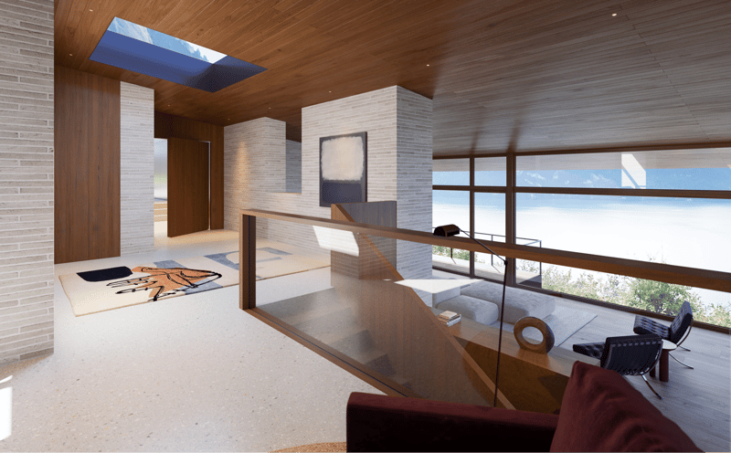 modern interior, wooden ceiling, brick wall, glass railing, rug, couch, table, chairs, skylight, ocean view