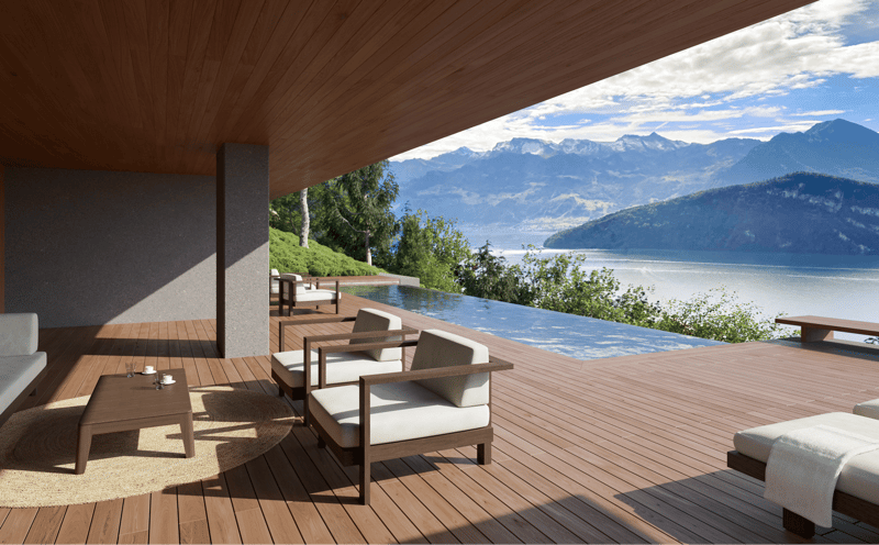 wooden floor, wooden ceiling, large windows, outdoor seating, coffee table, lake view, mountains view