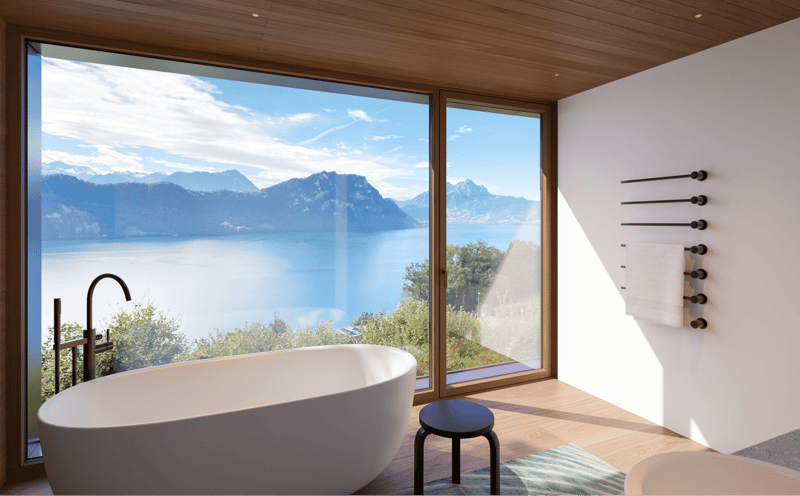 large bathtub, large window, wooden floor, modern design, lake view