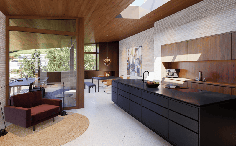 modern kitchen with large island, black countertops, wooden cabinets, large windows, glass doors, living room with couch, rug, and table