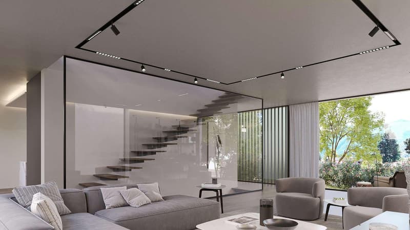 modern living room with large glass wall, couch, chairs, table, staircase