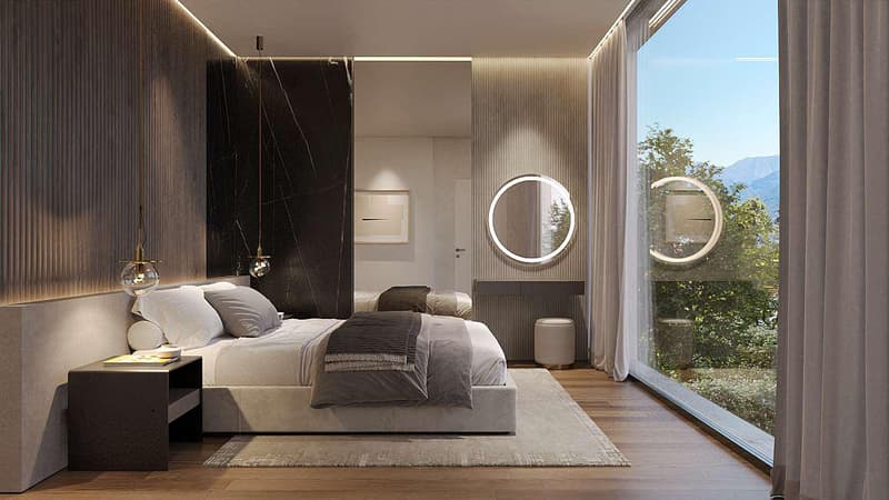 modern bedroom with large bed, large windows, wooden floor, round mirror, nightstand, rug