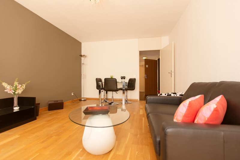 Spacious living room with hardwood floors, brown accent wall, glass coffee table, leather sofa, dining table with chairs, and a potted plant decoration