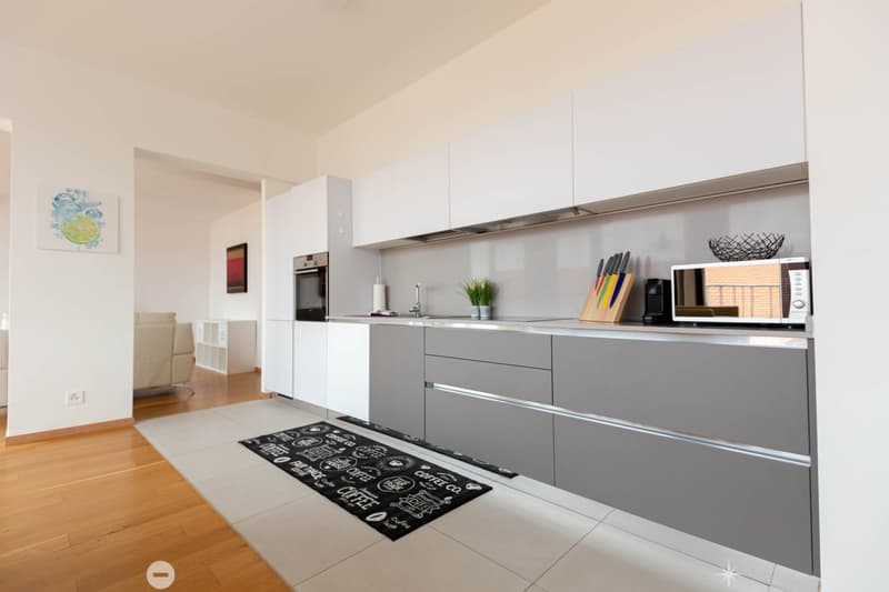 Modern kitchen with white cabinets, gray drawers, stainless steel appliances, and a decorative rug on the floor. The kitchen appears to be part of an open-concept living space with a view of other rooms in the home.